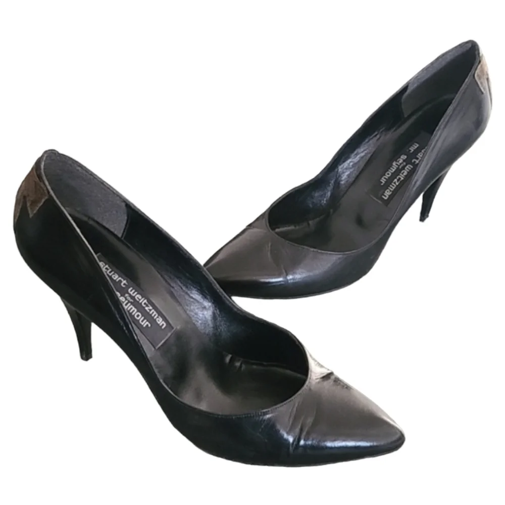 MR SEYMOUR STUART WEITZMAN VTG Black Leather Pumps 8.5 Pointed Heel Minimalist